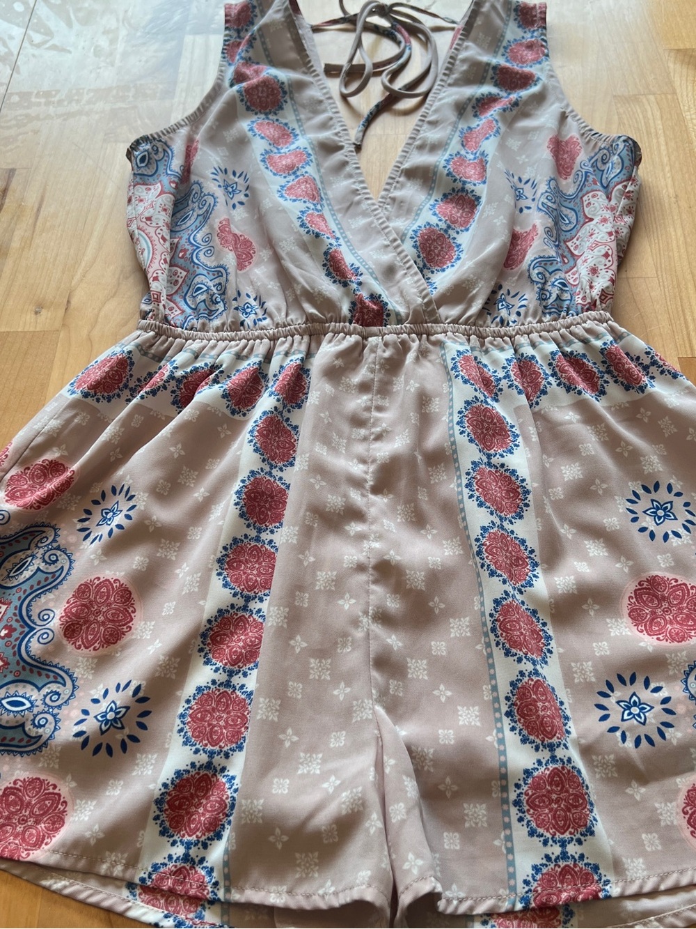 Sleeveless V-Neck Printed Romper in Beige with Red & Blue Accents